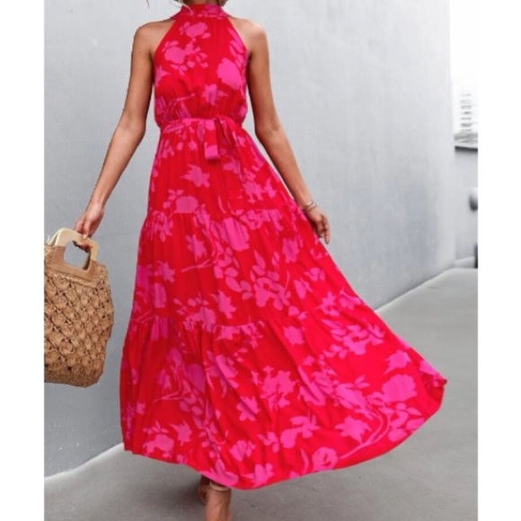 Dresses & Skirts - Boho pink floral print belted halter maxi dress